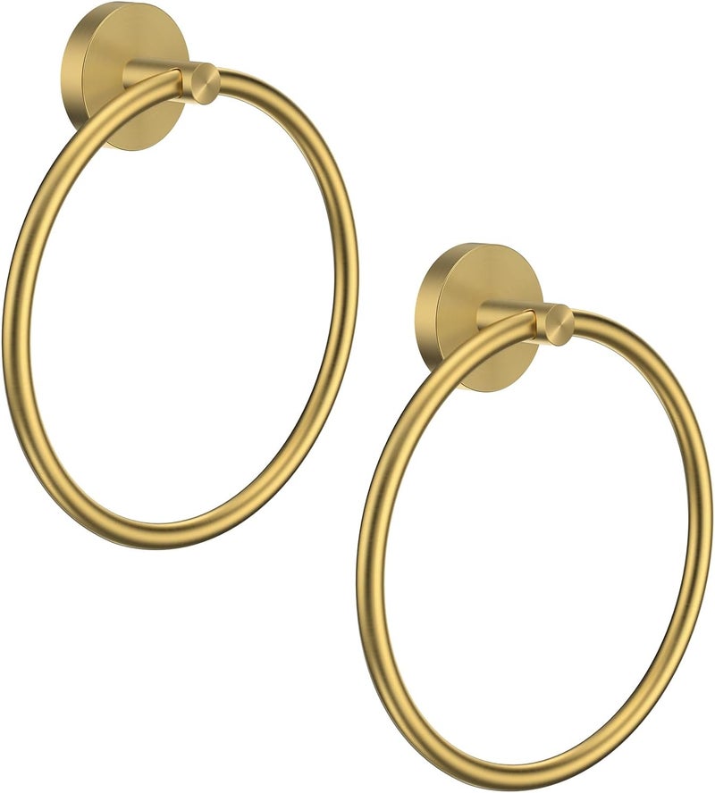 EZKEY Hand Towel Holder Screw-in Gold Towel Ring for Bathroom Wall Stainless Steel Towel Hanger Round Towel Racks for Bathroom Decor and Accessories, 2 Packs - Image 1